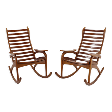 1960s pair of beech rocking chairs by uluv, czechoslovakia