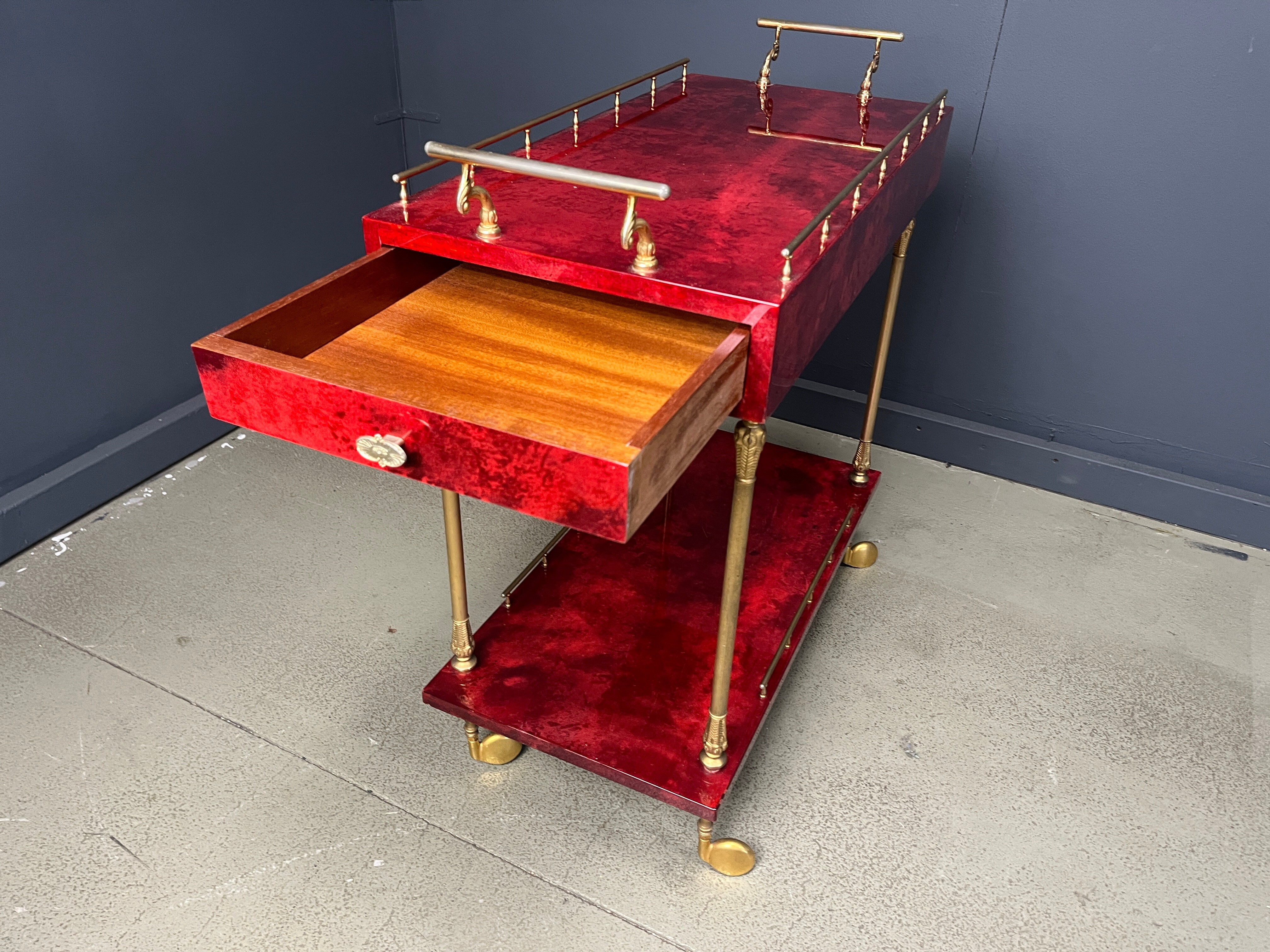Rare Italian lacquered goatskin / parchment serving bar cart by Aldo Tura, 1960s