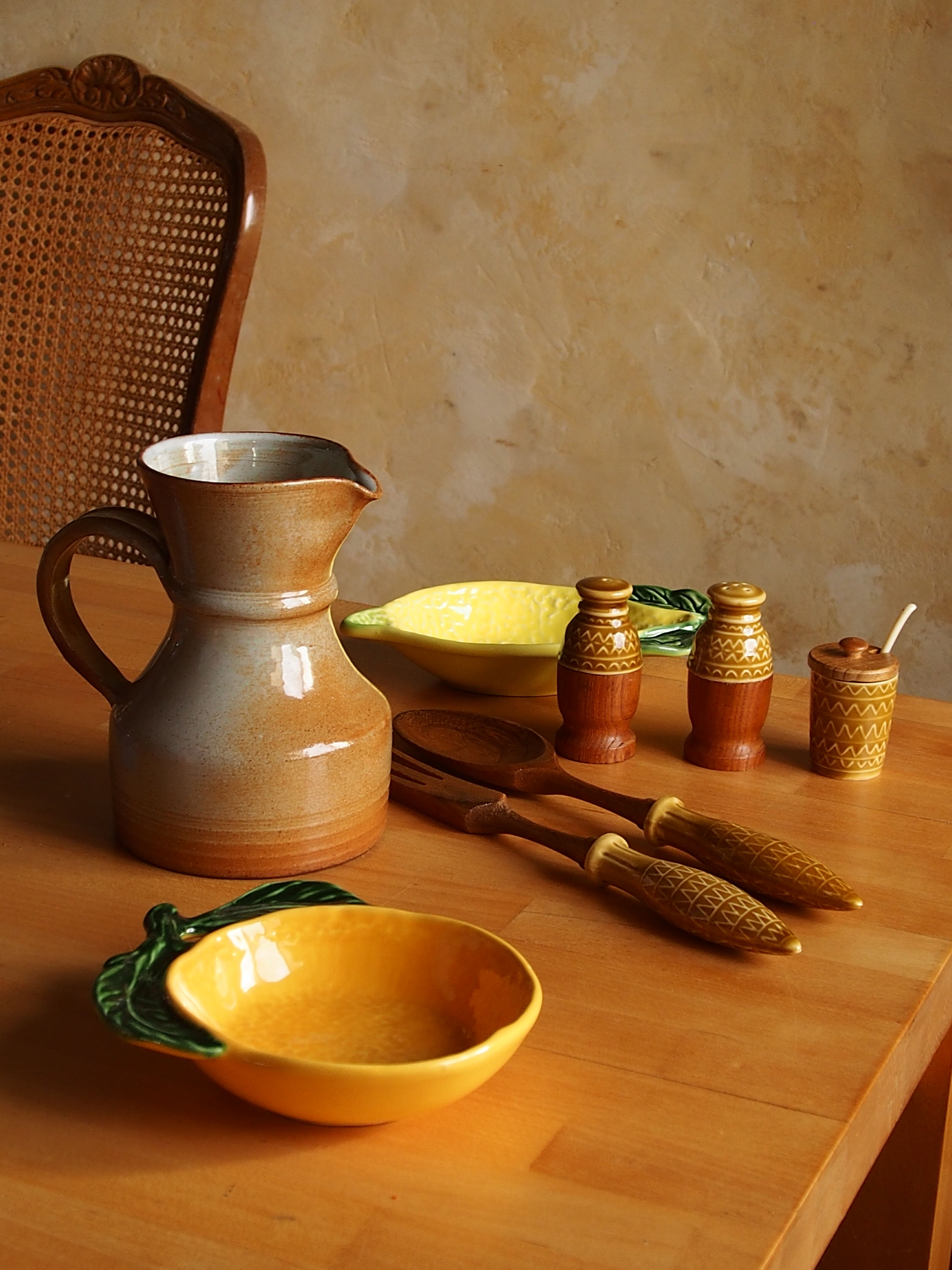 Vintage salt shaker, pepper, mustard and salad cutlery set