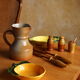 Vintage salt shaker, pepper, mustard and salad cutlery set