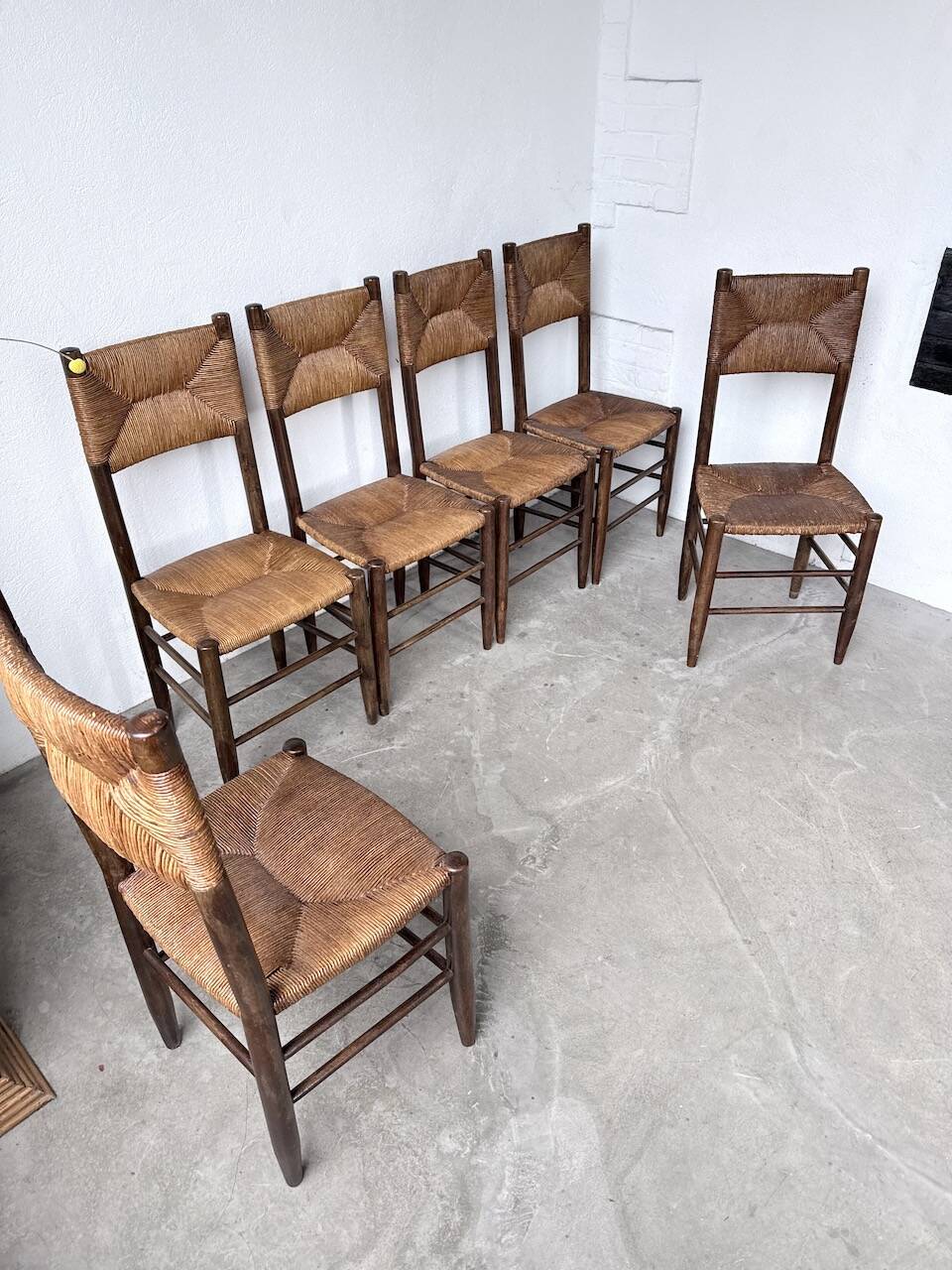 Set of 6 straw and oak Beauche chairs.