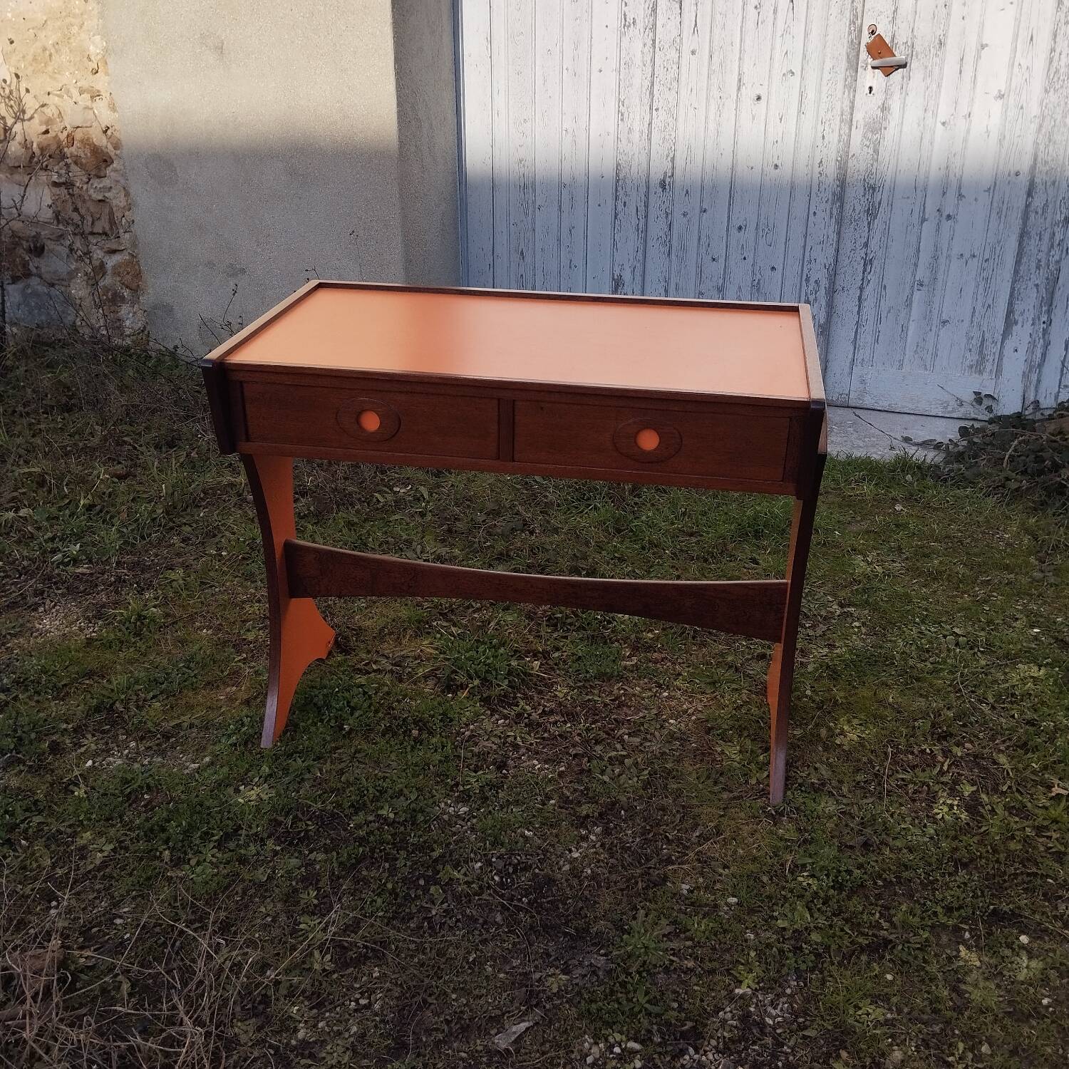 Mahogany and formica console desk, 70s design.