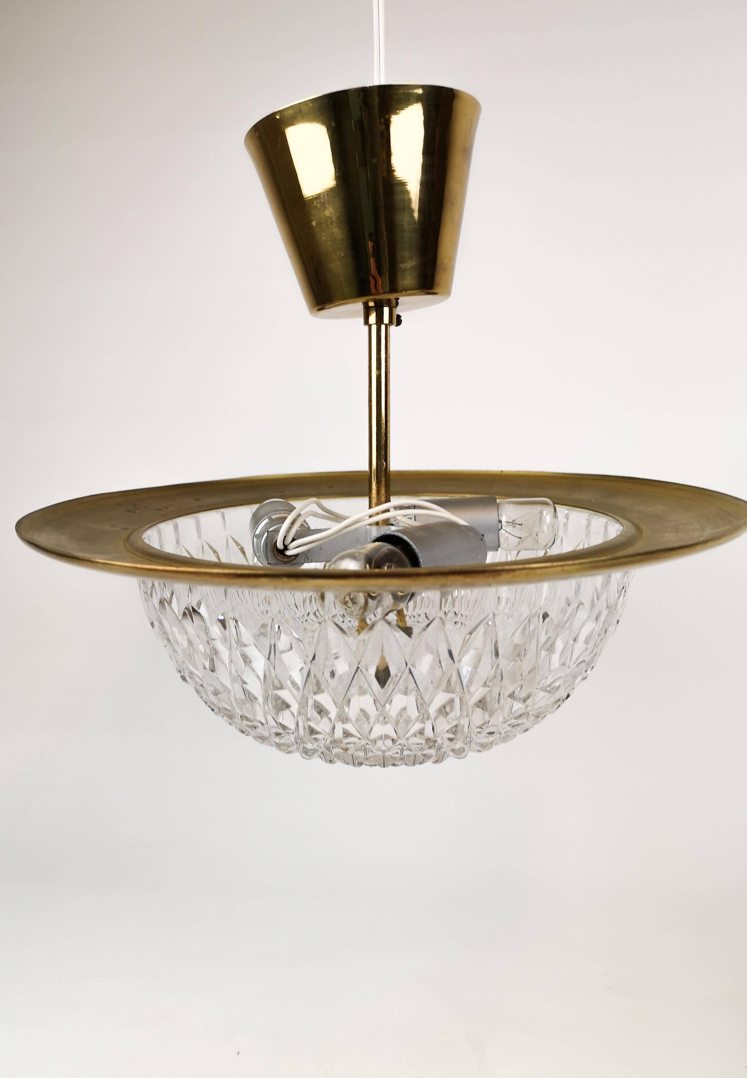 Brass and Crystal Ceiling Lamp from the 1960s by Tyringe for Orrefors, Sweden
