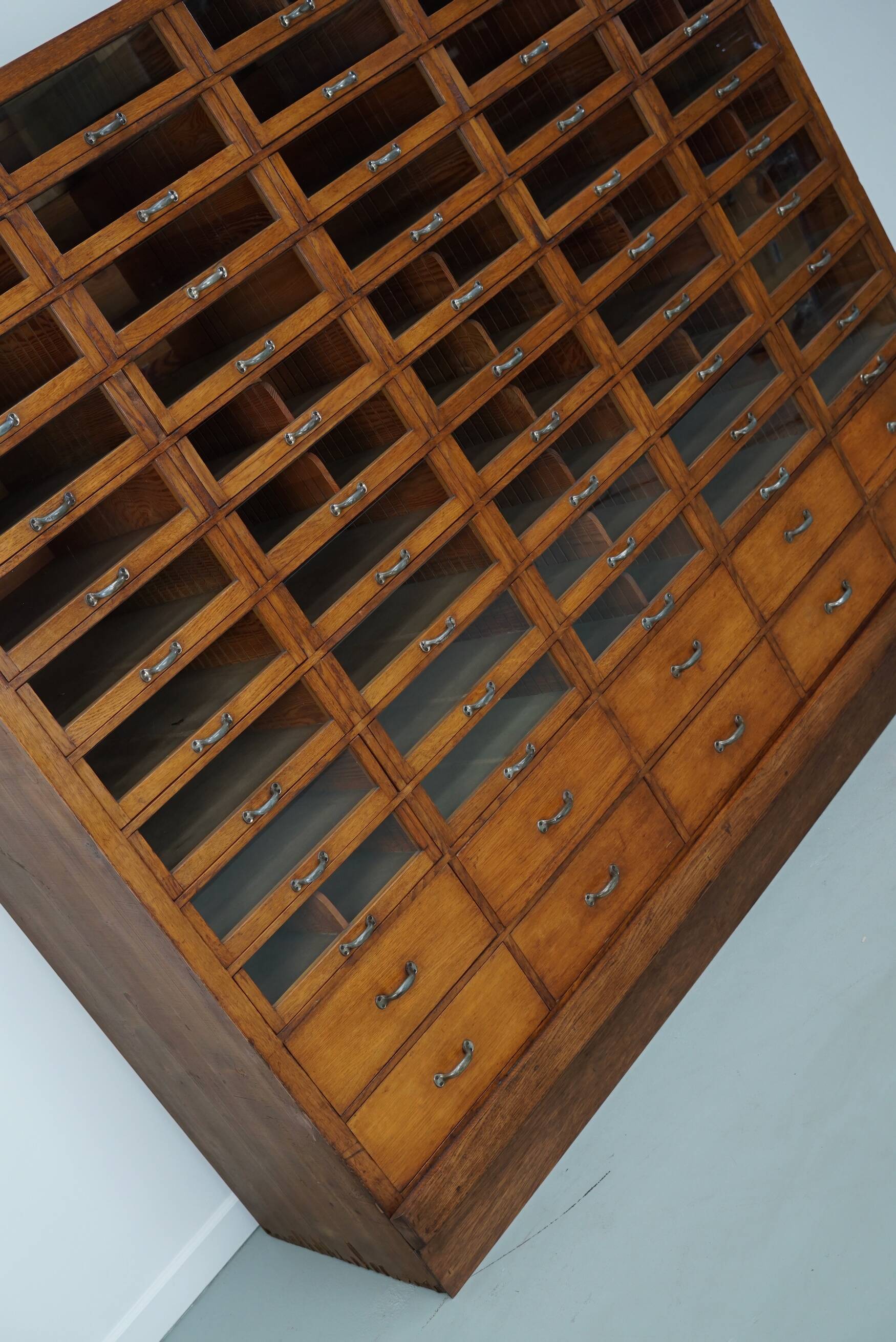 Large vintage German oak haberdashery shop cabinet, 1940s