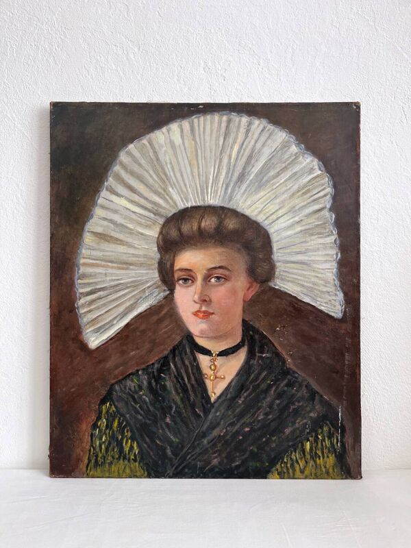 Peinture ancienne huile sur toile portrait de femme en costume traditionnel