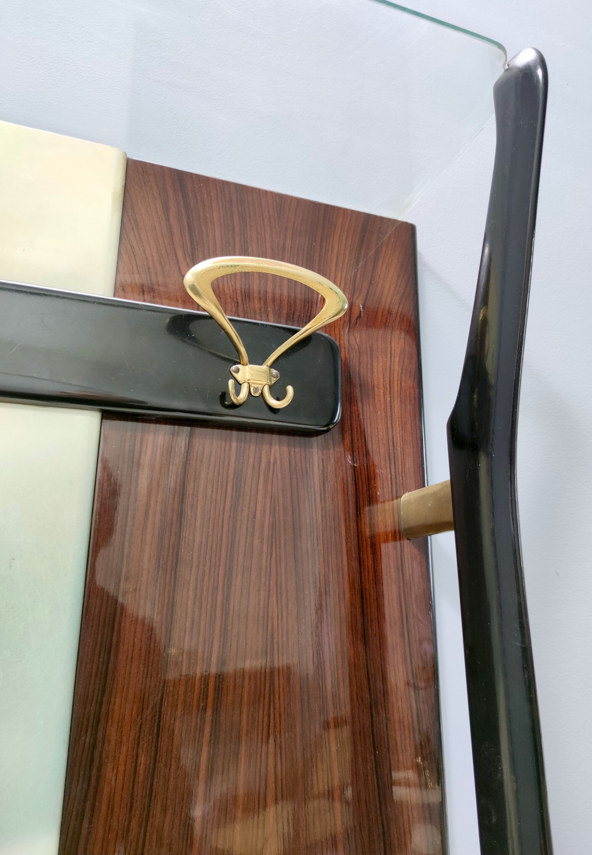 Vintage Ebonized Beech, Brass and Glass Coat Rack with a Landscape, Italy