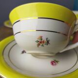 3 Gien earthenware cups and saucers decorated with flowers