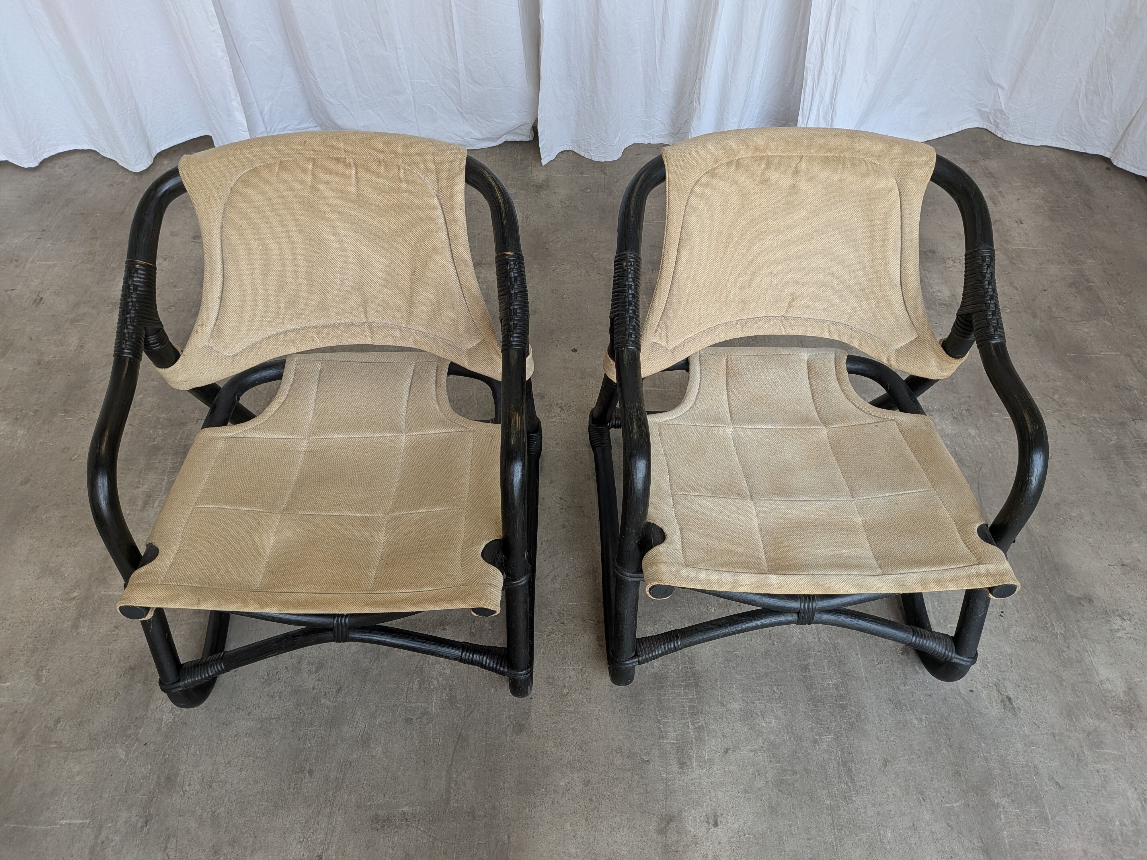 2 Vintage Espri Safari Lounge Armchairs / Rare Mid-century Black Bamboo and Beige Fabric Easy C