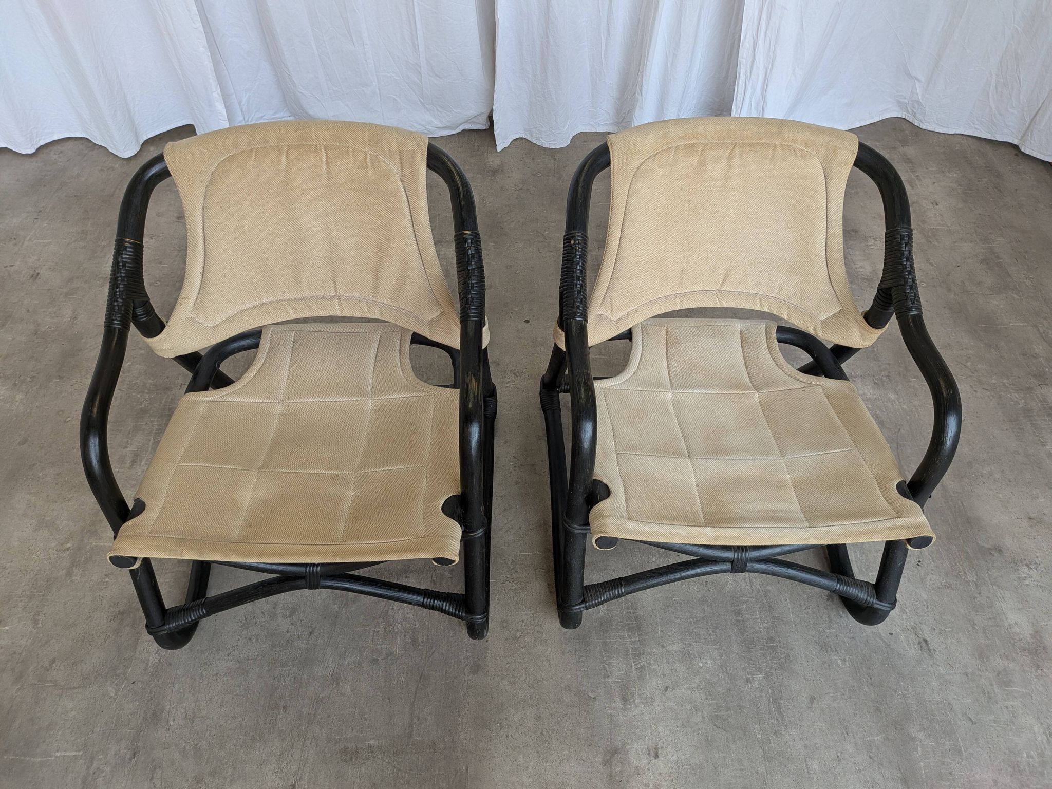 2 Vintage Espri Safari Lounge Armchairs / Rare Mid-century Black Bamboo and Beige Fabric Easy C