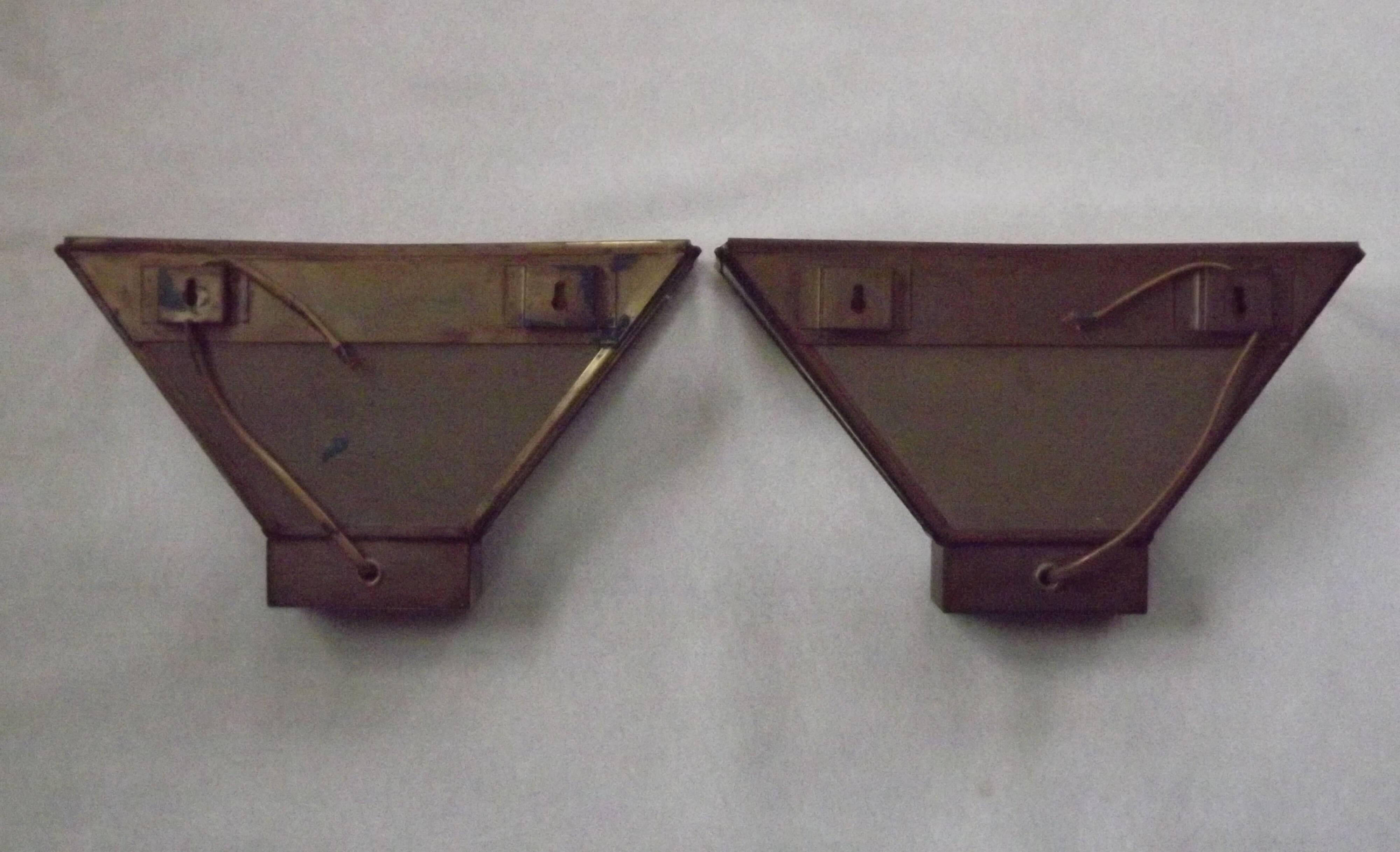 Matching Pair French Mid Century Copper & Glass Single Mirrored Wall Lights 5138