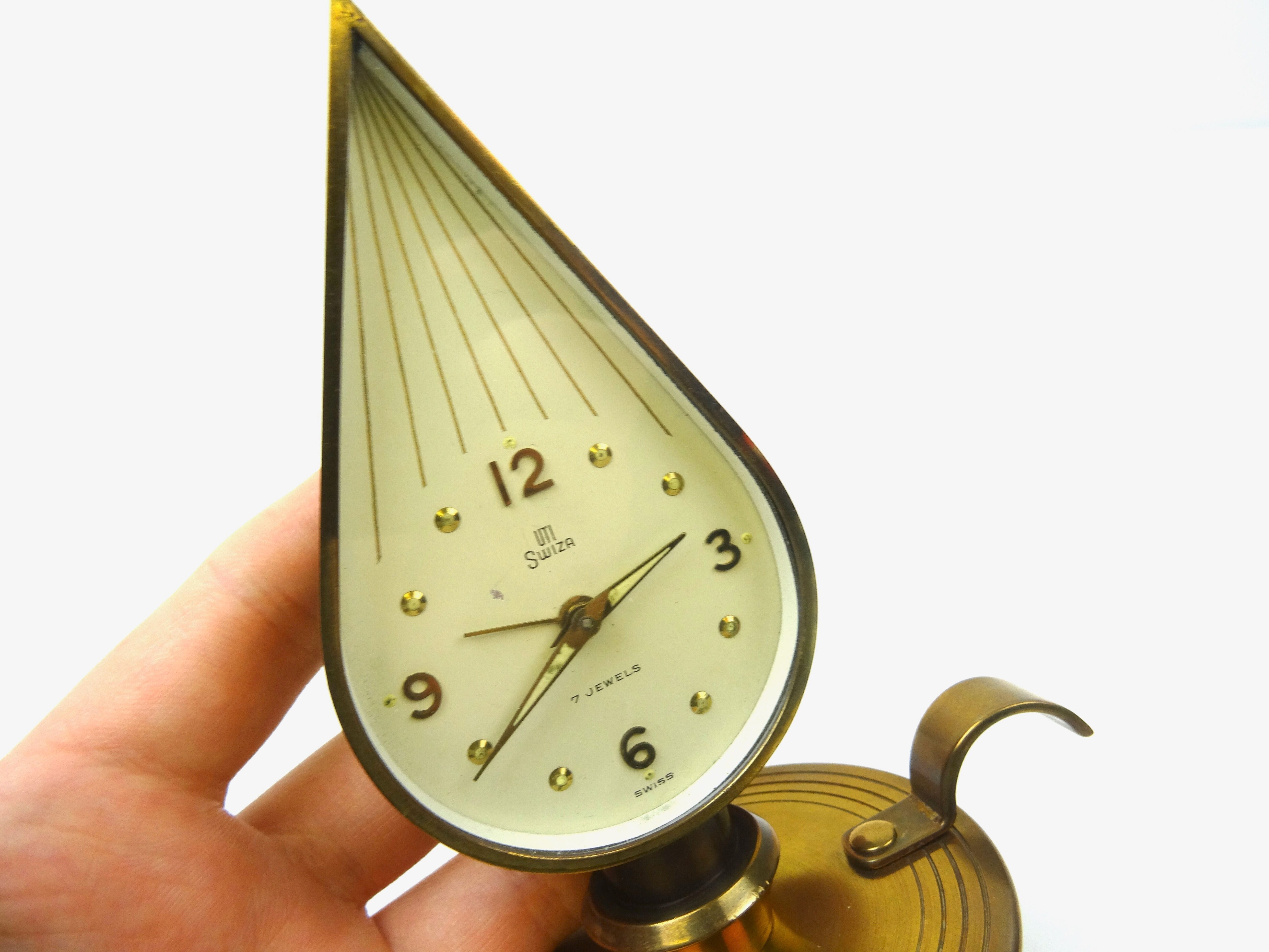 Lovely rare mid century Swiza brass candlelight shape desk clock Hollywood Regency Swiss 1950