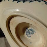 Old gravy boat on frame in terre de fer earthenware by gien, “chardons” model in blue-green