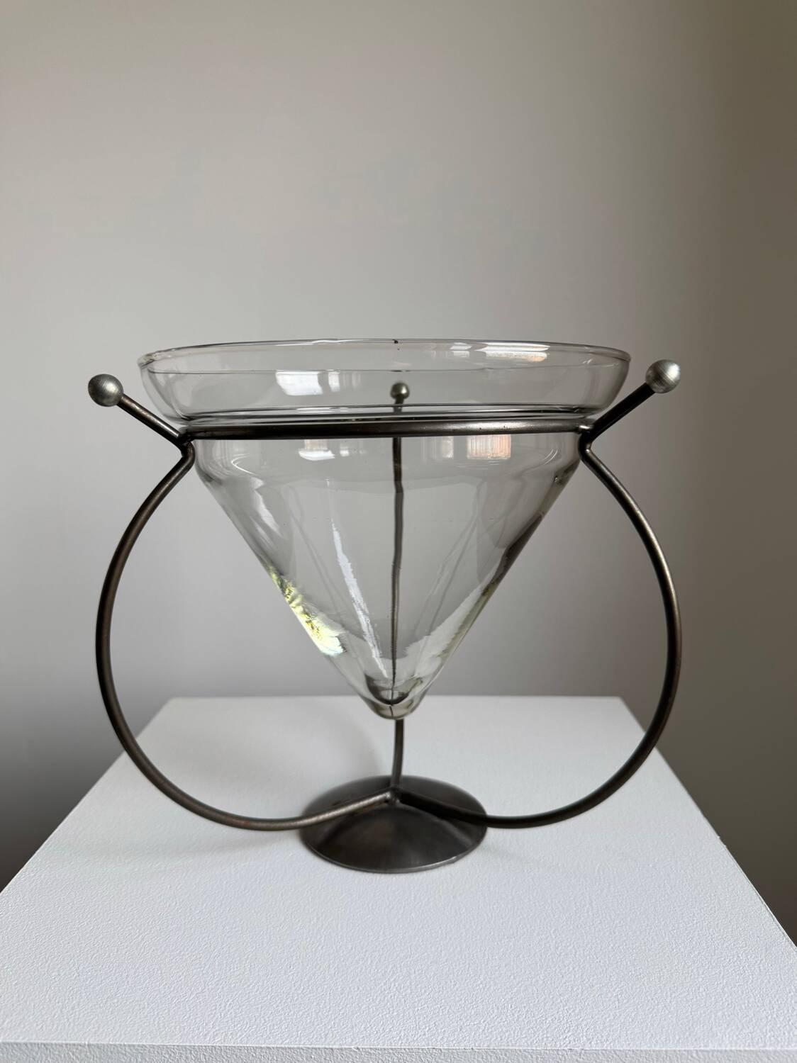 Vintage Modernist Large Clear Glass Vase/Decorative Piece With Metal