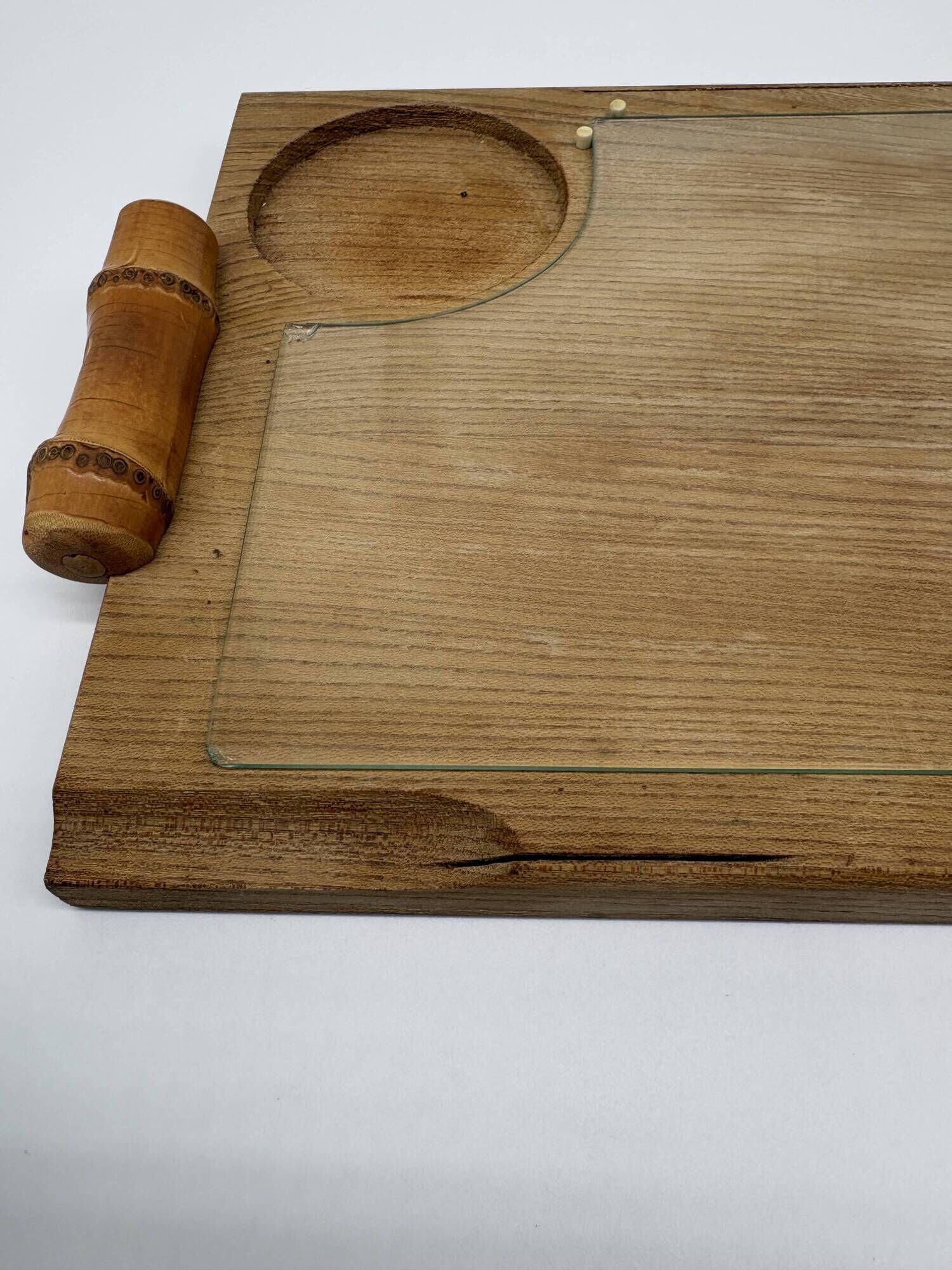 Wood and bamboo vintage plateau, glass, 1960