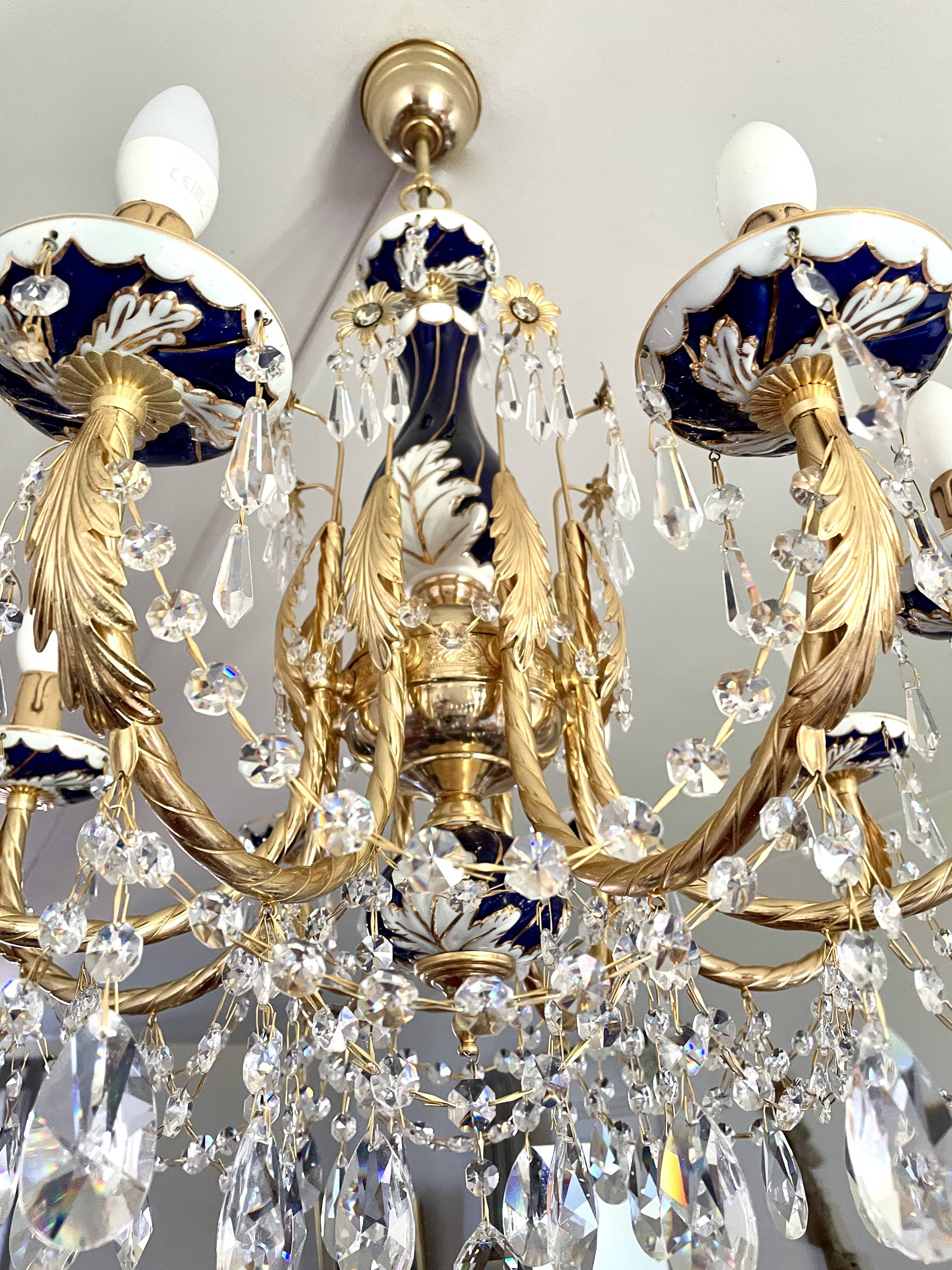 Large Russian chandelier in blue ceramic and crystal pendants, mid-20th century