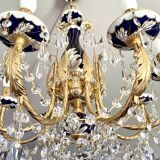Large Russian chandelier in blue ceramic and crystal pendants, mid-20th century