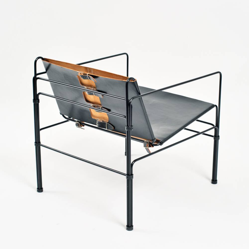 Black modernist design lounge set by Jan van Opzeeland in leather and steel bar, Netherlands, 1980s