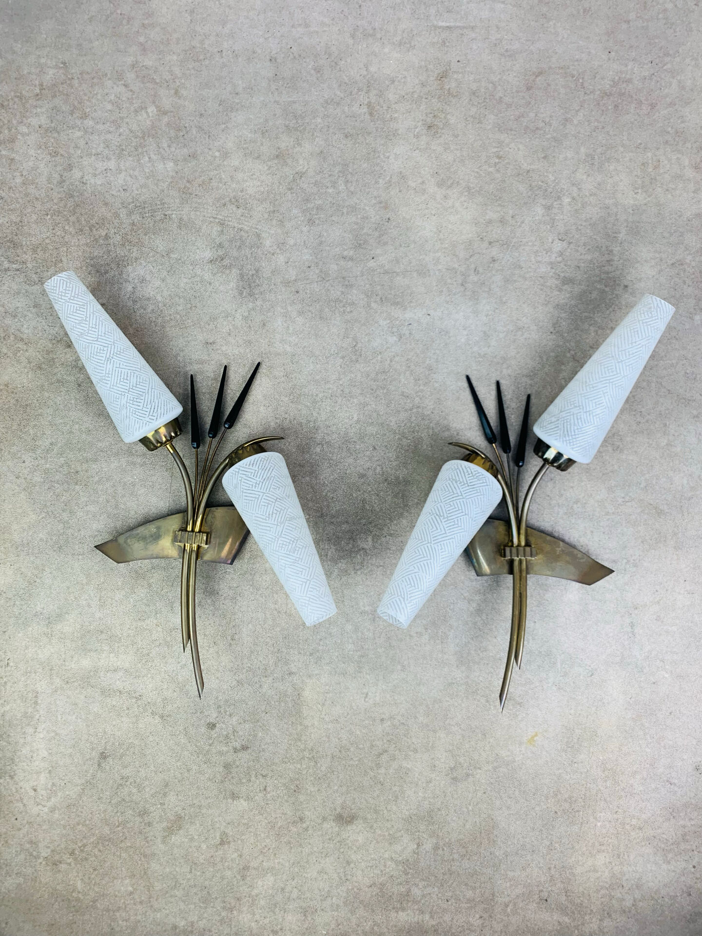 Pair of 1950s wall lights in brass and opaline tulips, Lunel/Arlus