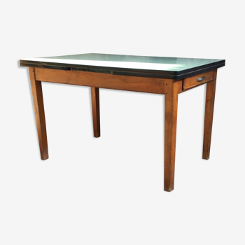 Table extensible vintage - piétement chêne - plateau formica vert menthe - 1950