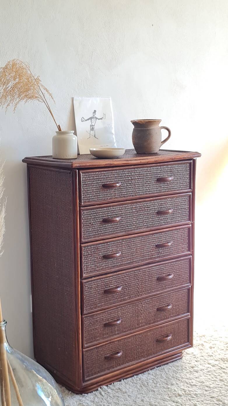 Commode en rotin vintage circa années 70