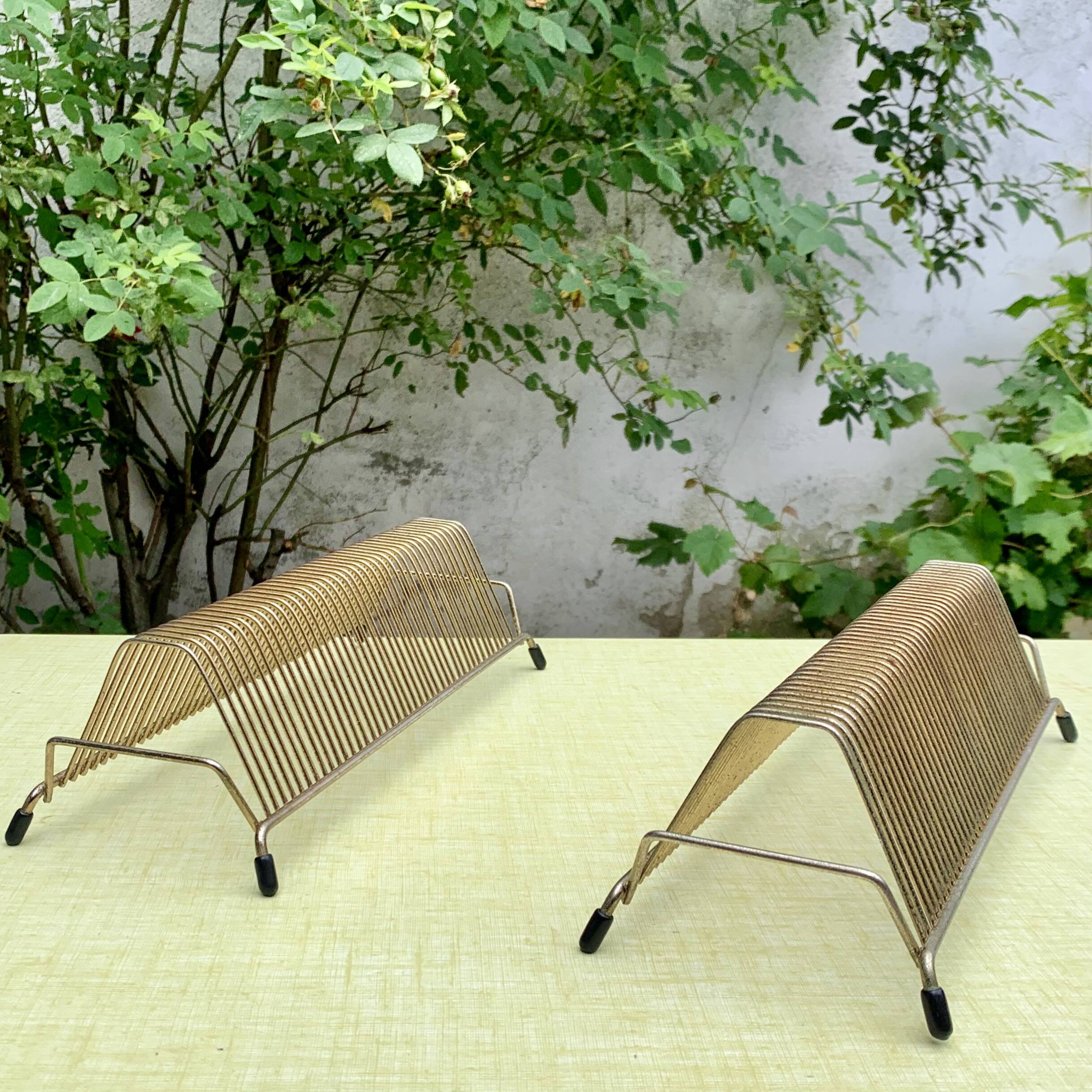 Pair of vintage record holders in gilded brass - for 80 vinyls