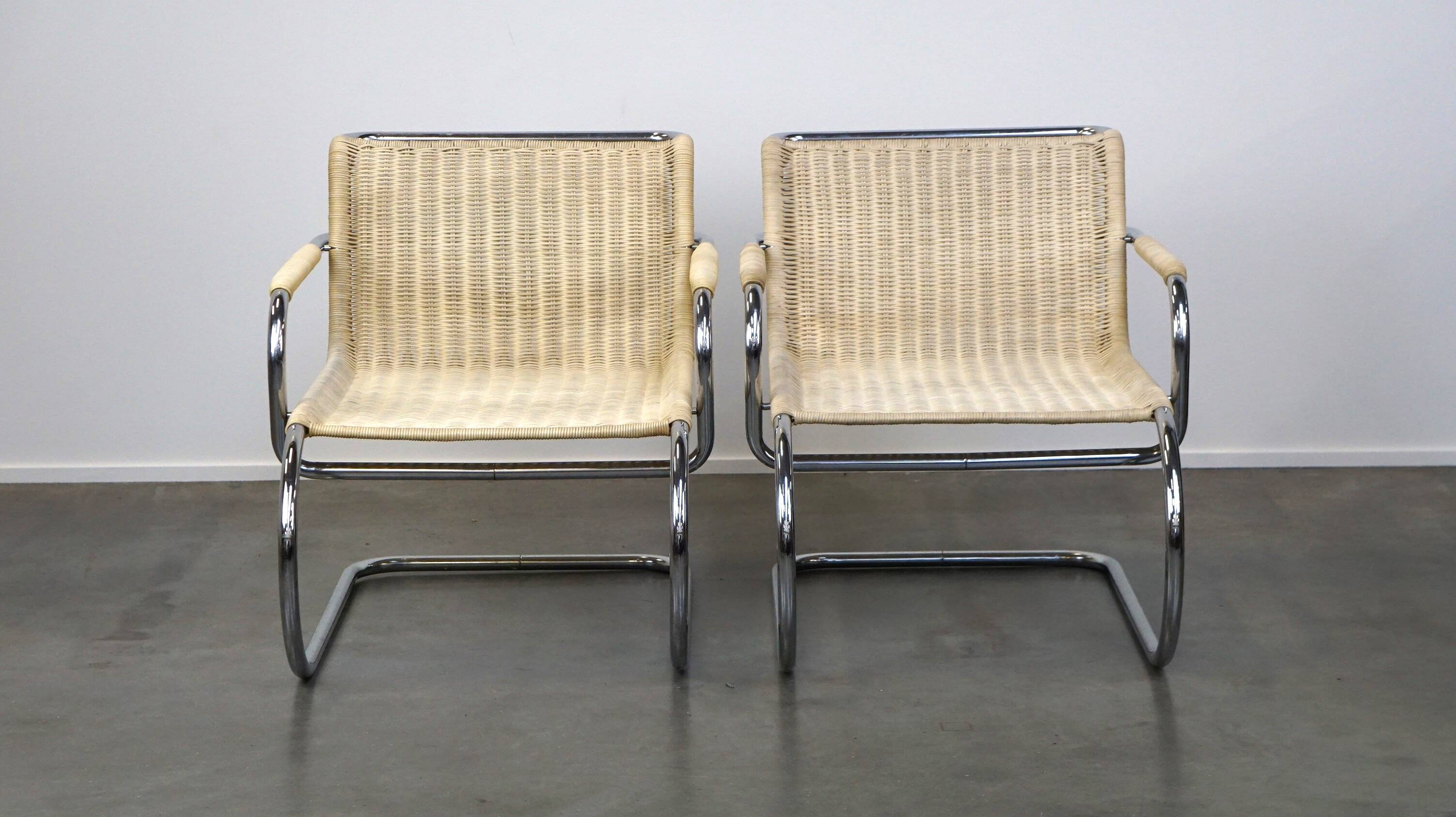 Set of two vintage design chairs by Franco Albini for Tecta, chrome and rattan
