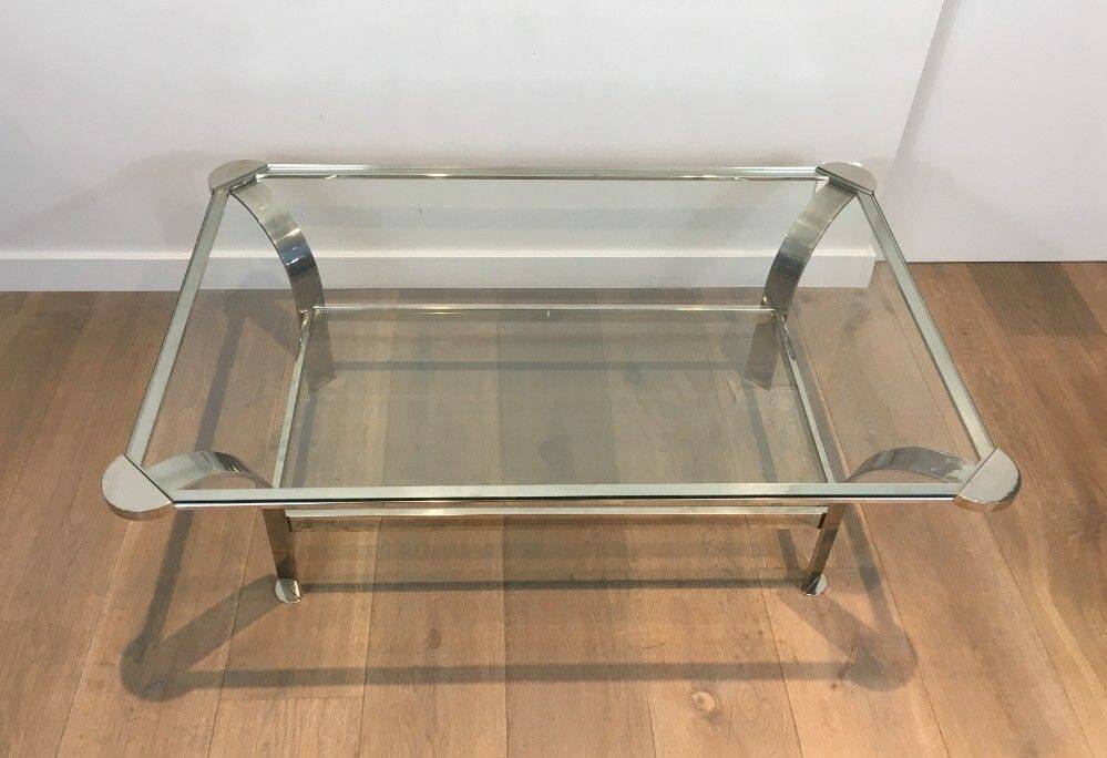 Large designer coffee table in chrome with glass tops