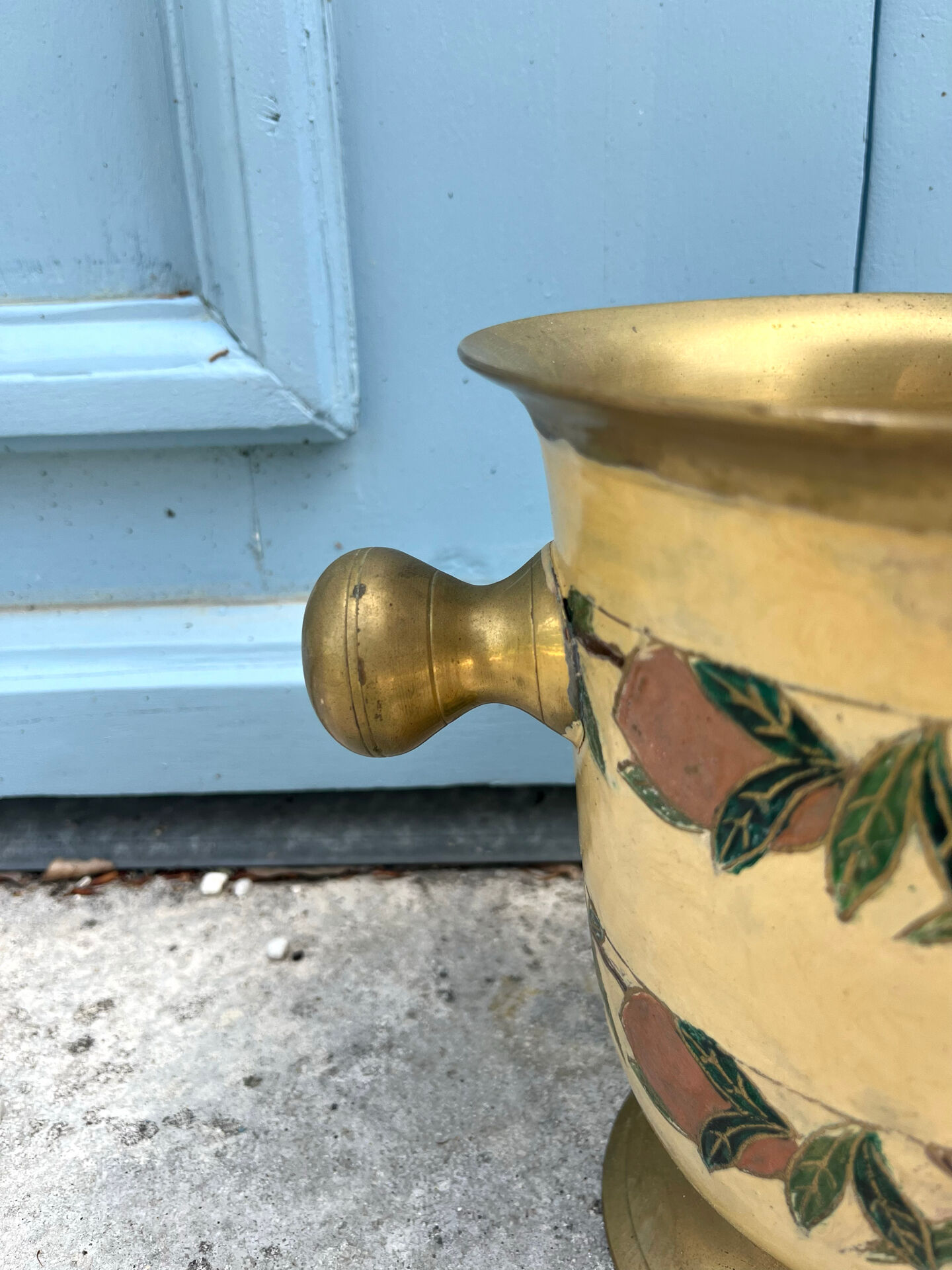 French Brass Cloisonné Style Champagne Bucket with Hand-Painted Fruit