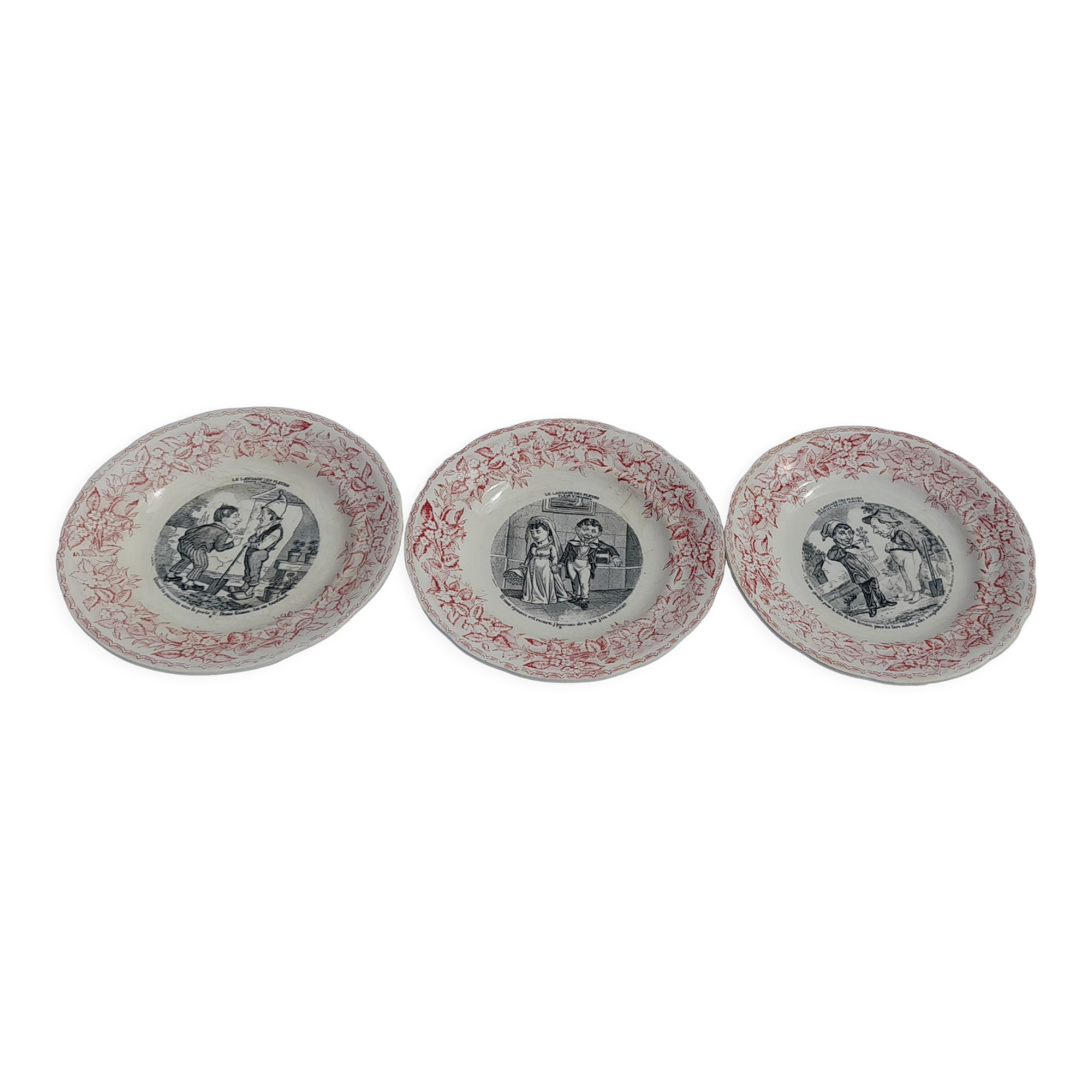 3 talking dessert plates earthenware from Gien the language of flowers n°', 5 and 6 diam 20 cm