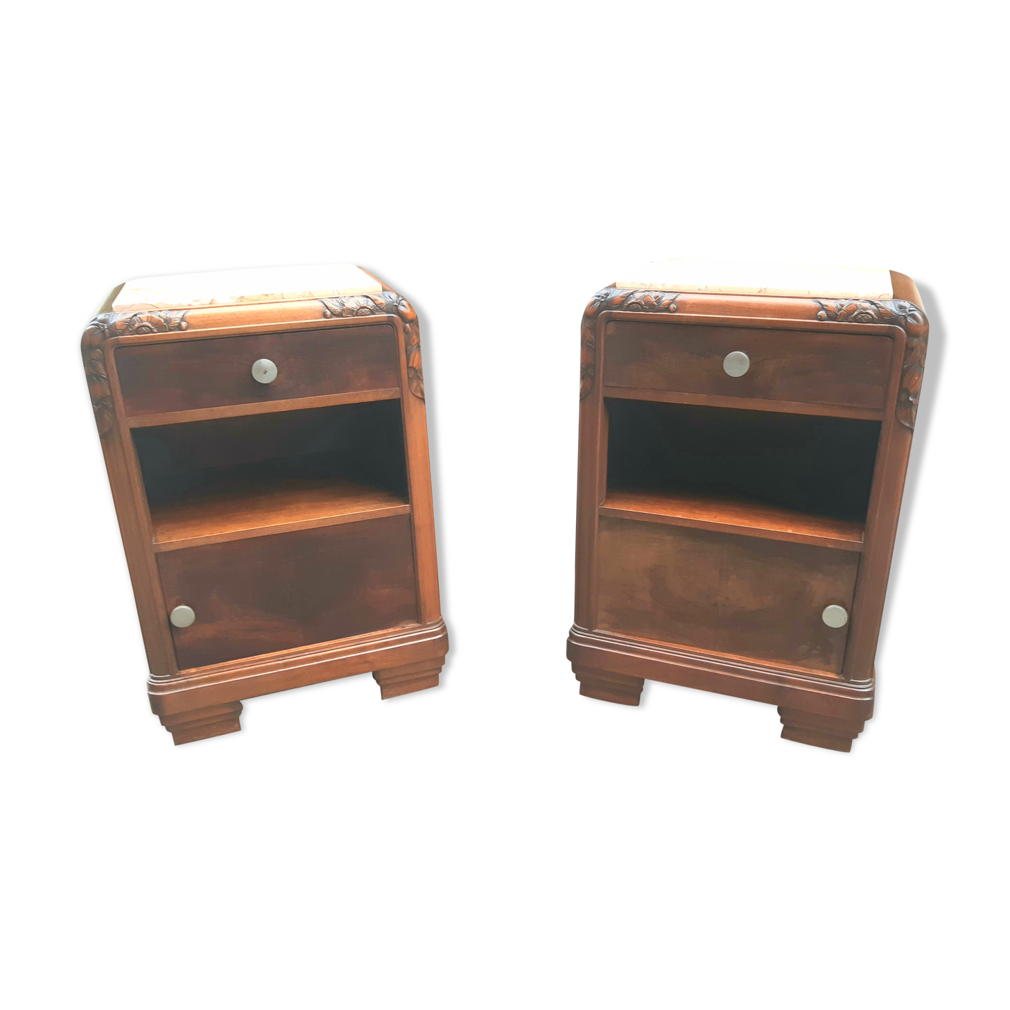 Art Deco bedside tables carved wood and marble 1930