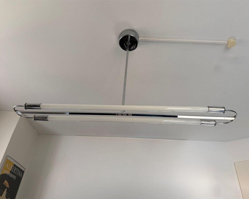 Streamline modern ceiling lamp in chrome with neon tubes, Germany, 1935
