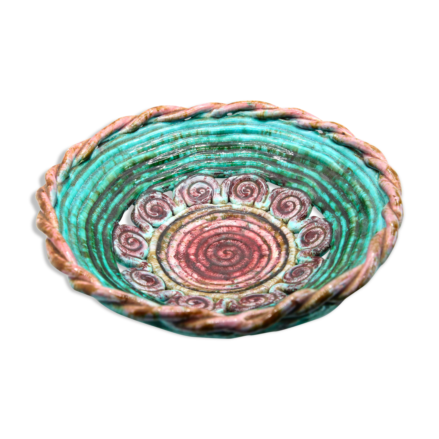Vintage XL dish in openwork slurry with blue-green and old pink spirals