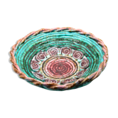 Plat XL vintage en barbotine ajourée aux spirales bleu vert et vieux rose