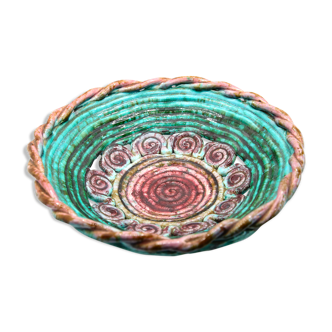 Vintage XL dish in openwork slurry with blue-green and old pink spirals