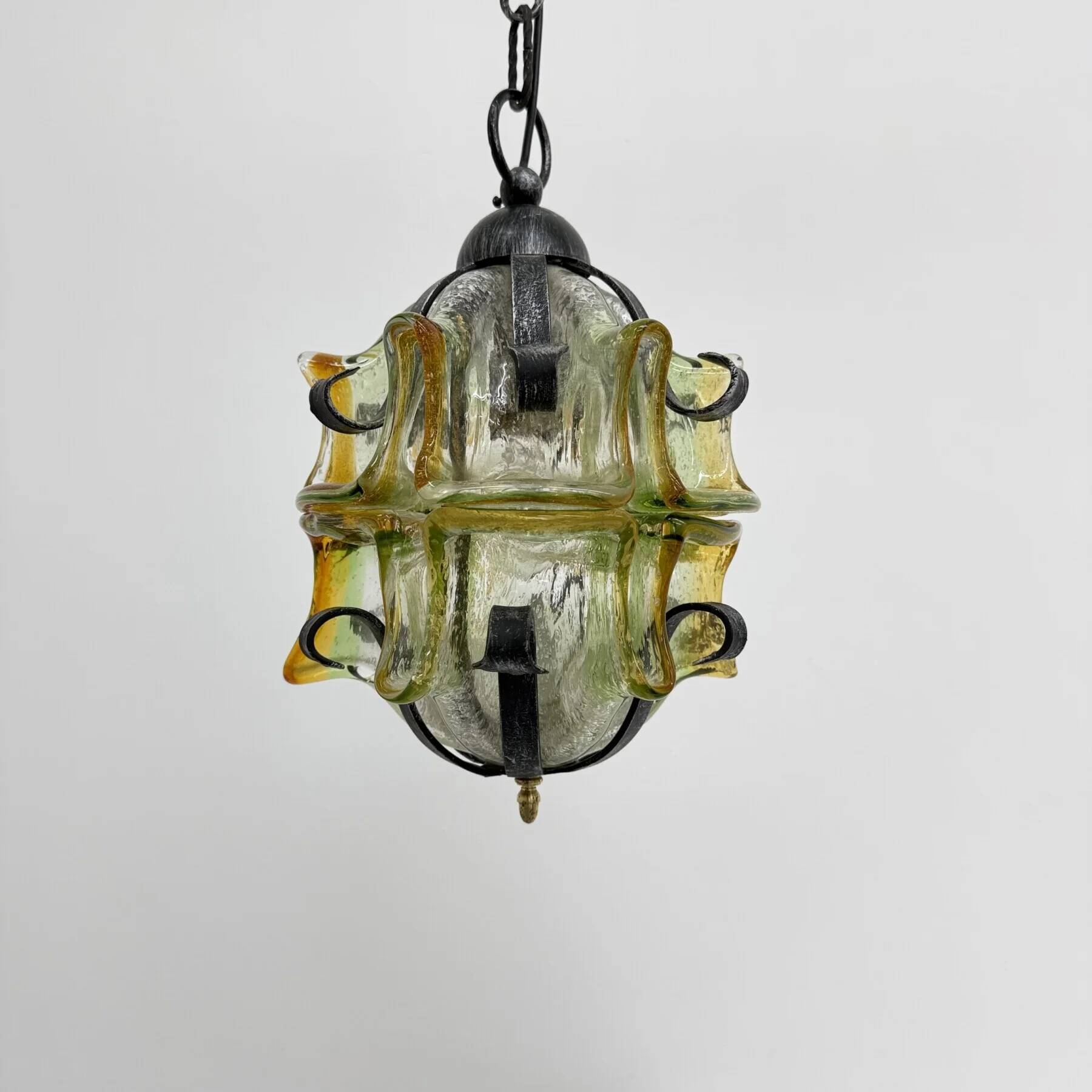Brutalist glass and iron hanging lamp, 1970s