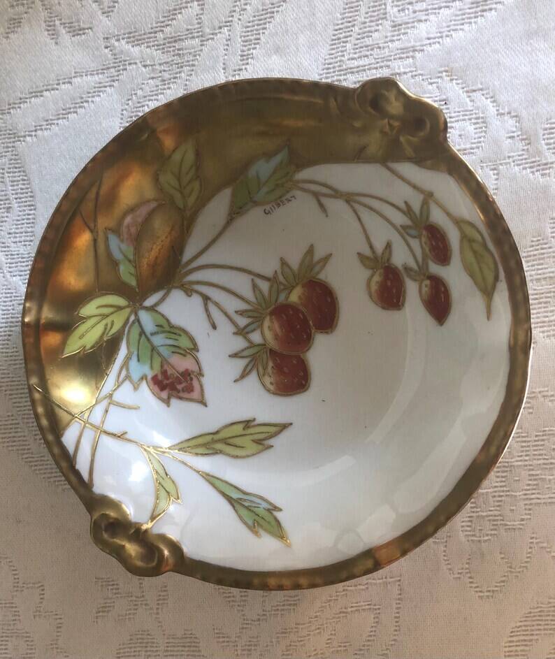 Five Antique Limoges Porcelain Berry Plates: Hand-Painted Gilbert, Gilded