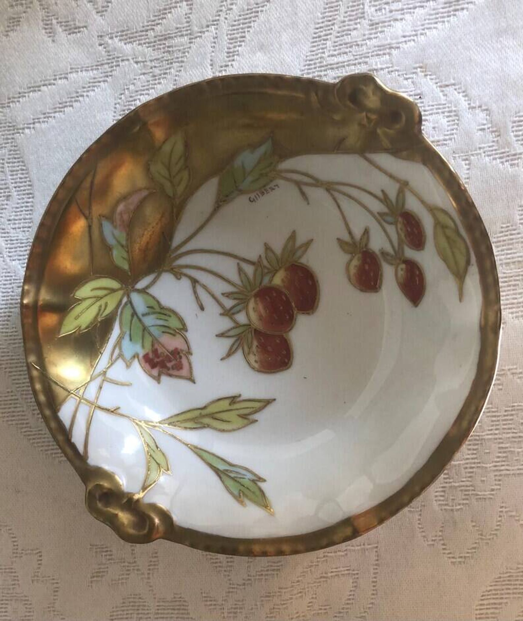 Five Antique Limoges Porcelain Berry Plates: Hand-Painted Gilbert, Gilded