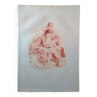 planche héliogravure Dujardin  illustrateur Adrien Marie thème enfant 1883( lire description)