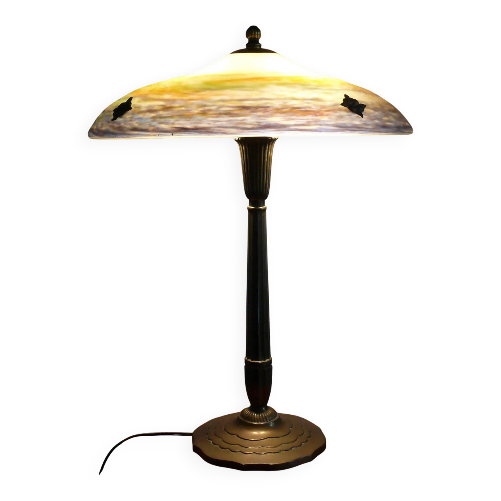 Lampe de table Muller Frères, France, avec pied en laiton et abat-jour en pâte de verre, style Art déco vers 1930