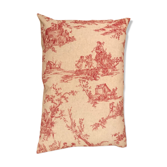 Coussin rectangulaire en toile de jouy rouge