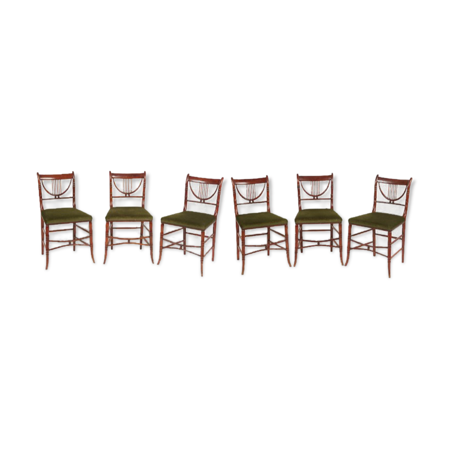 6 mahogany colonial lyre chairs and green velvet