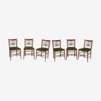 Set de 6 chaises lyre coloniales acajou et velours vert