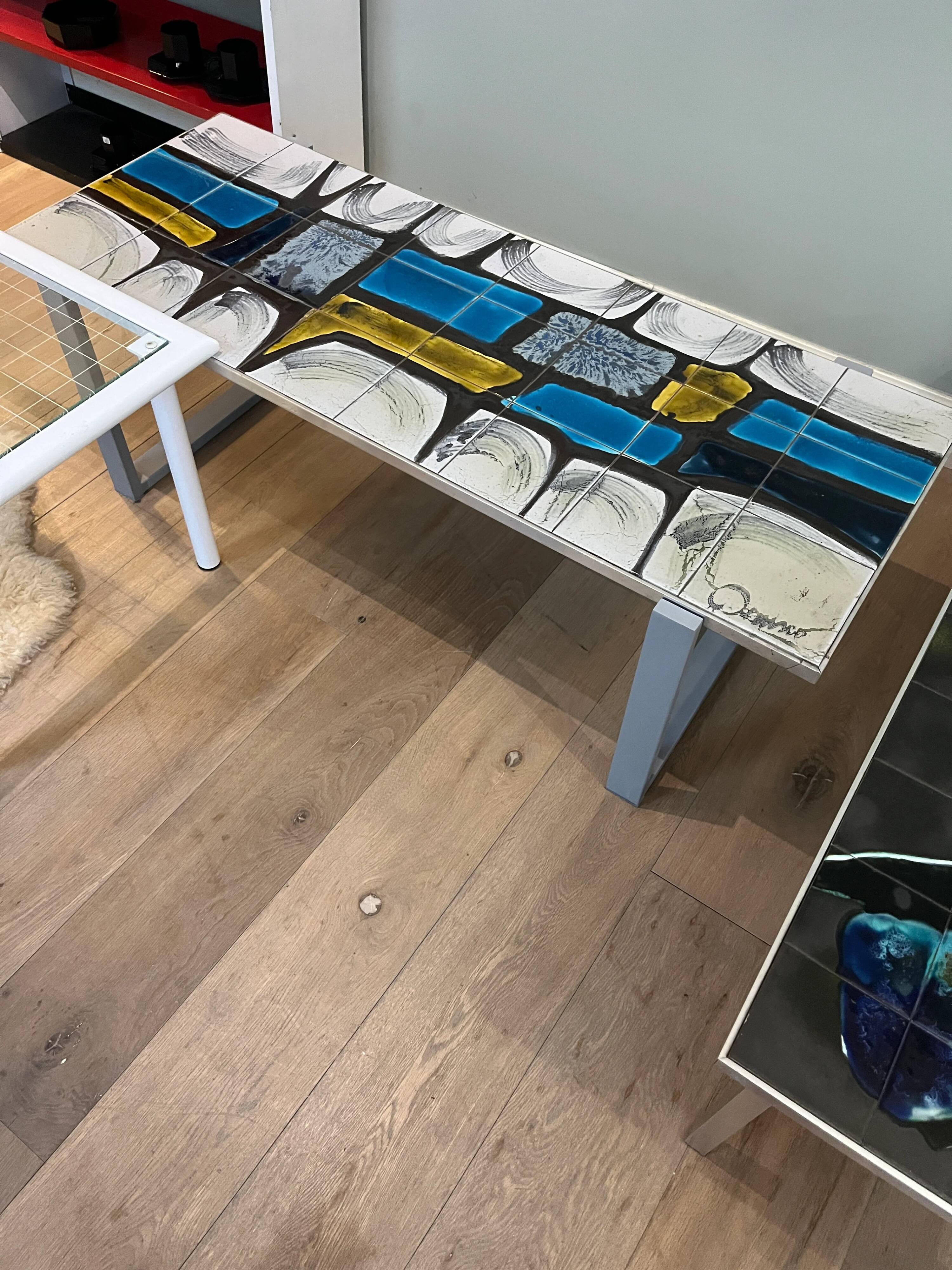1970s Belgian Ceramic Mosaic Coffee Table by Belarti/Denisco — Multicolour Tiles, Black Metal Frame