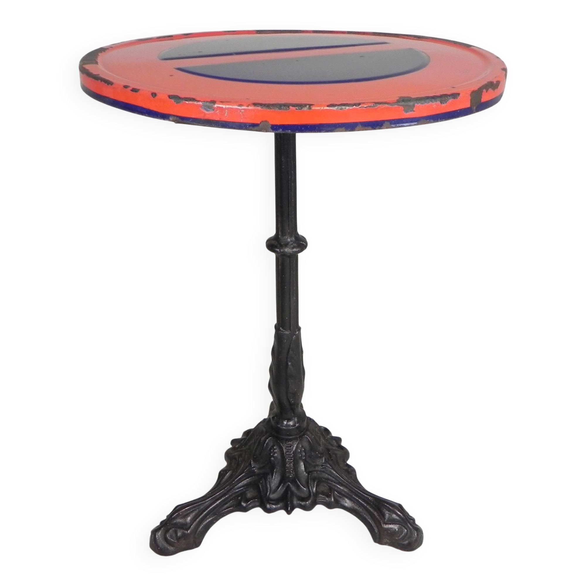 Bistro table with a cast iron base and a traffic sign as a tabletop, Paris 1920s.