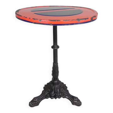 Bistro table with a cast iron base and a traffic sign as a tabletop, Paris 1920s.
