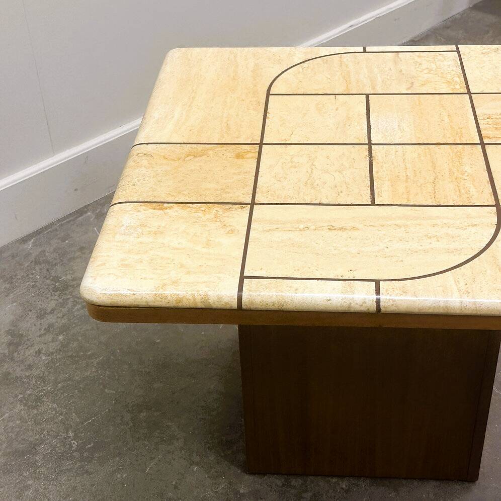 Graphic travertine tile coffee table on oak base, 1970s