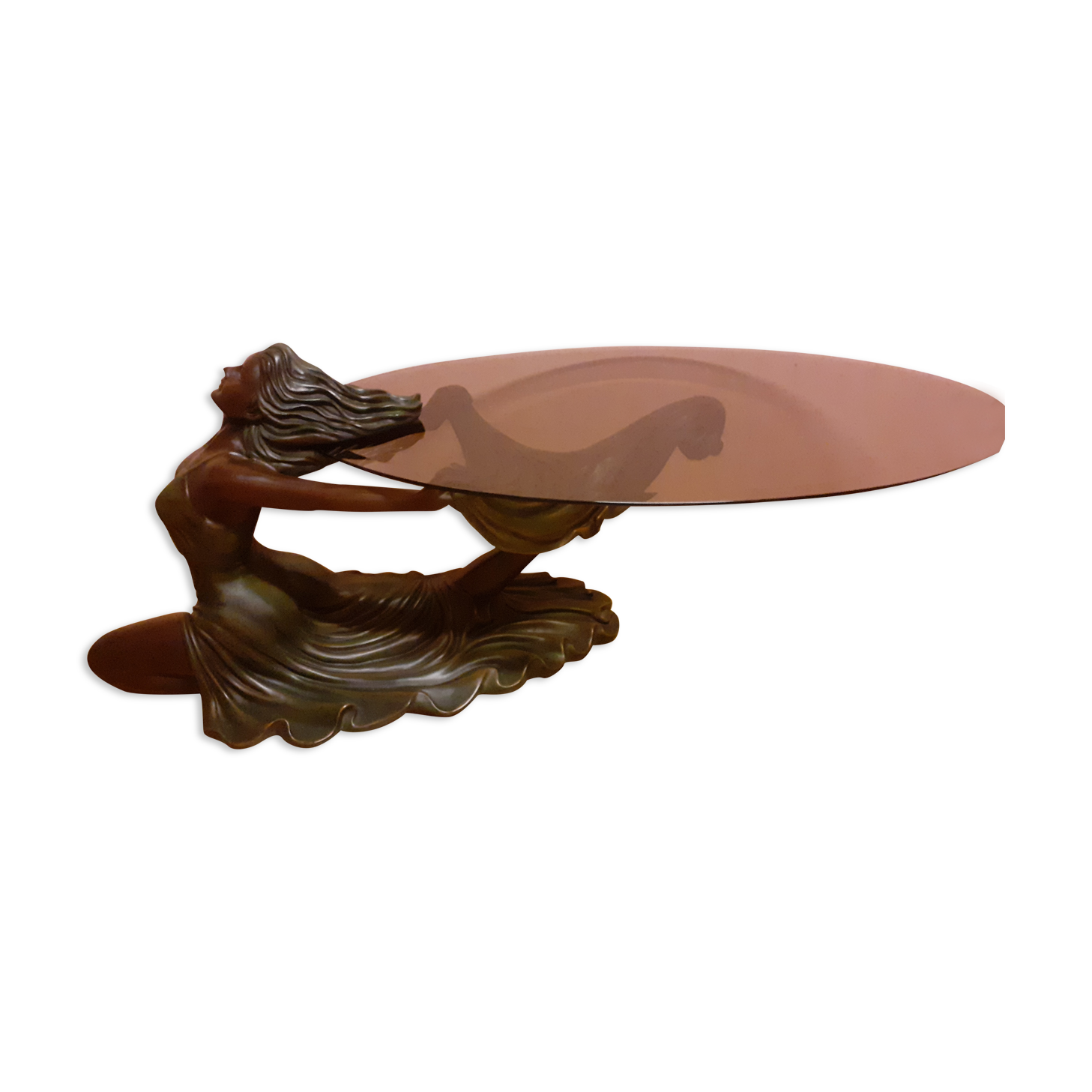 Coffee table, young woman in resin, smoked and beveled glass