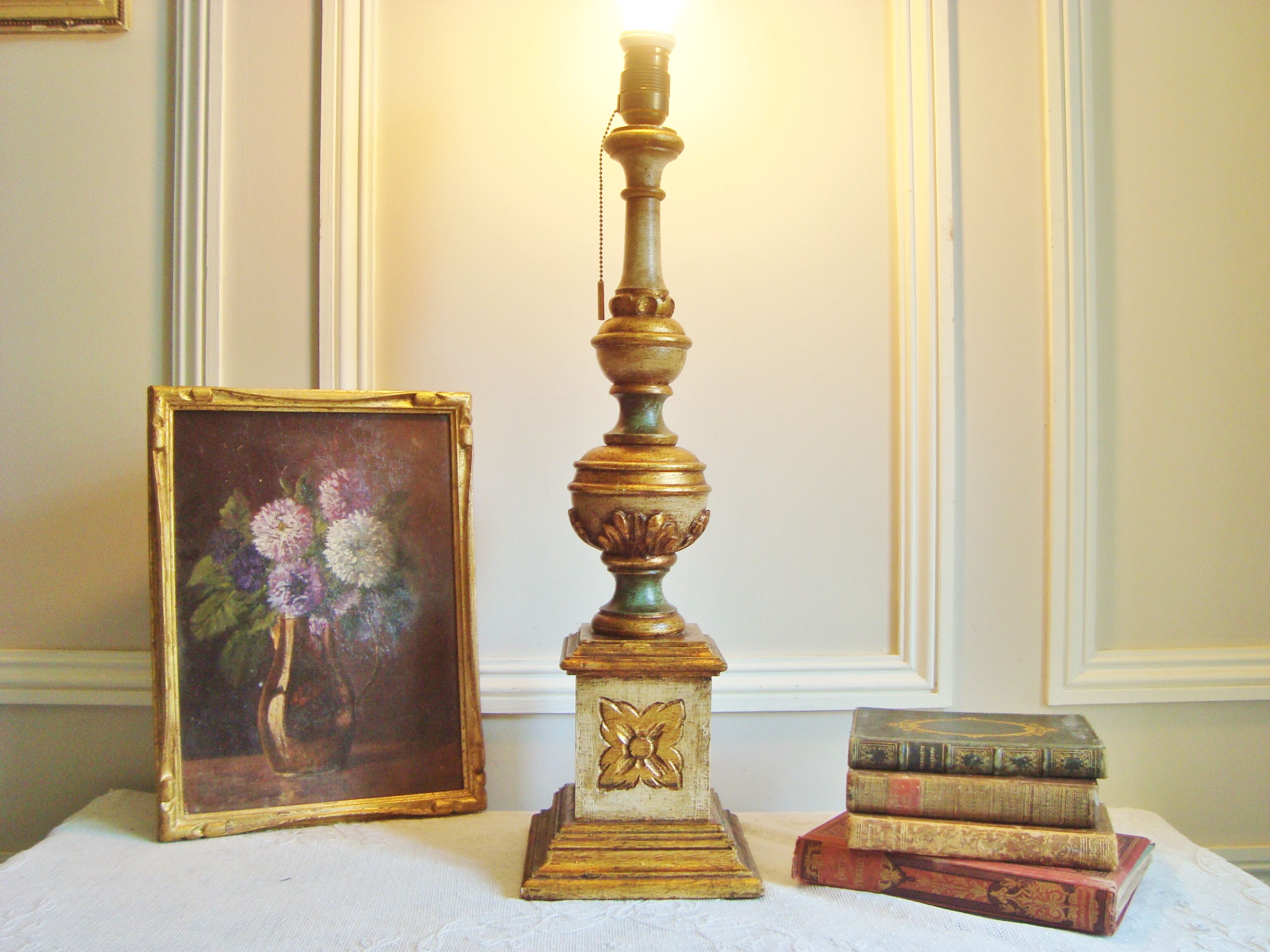 Ancient Venetian lamp in polychrome carved wood