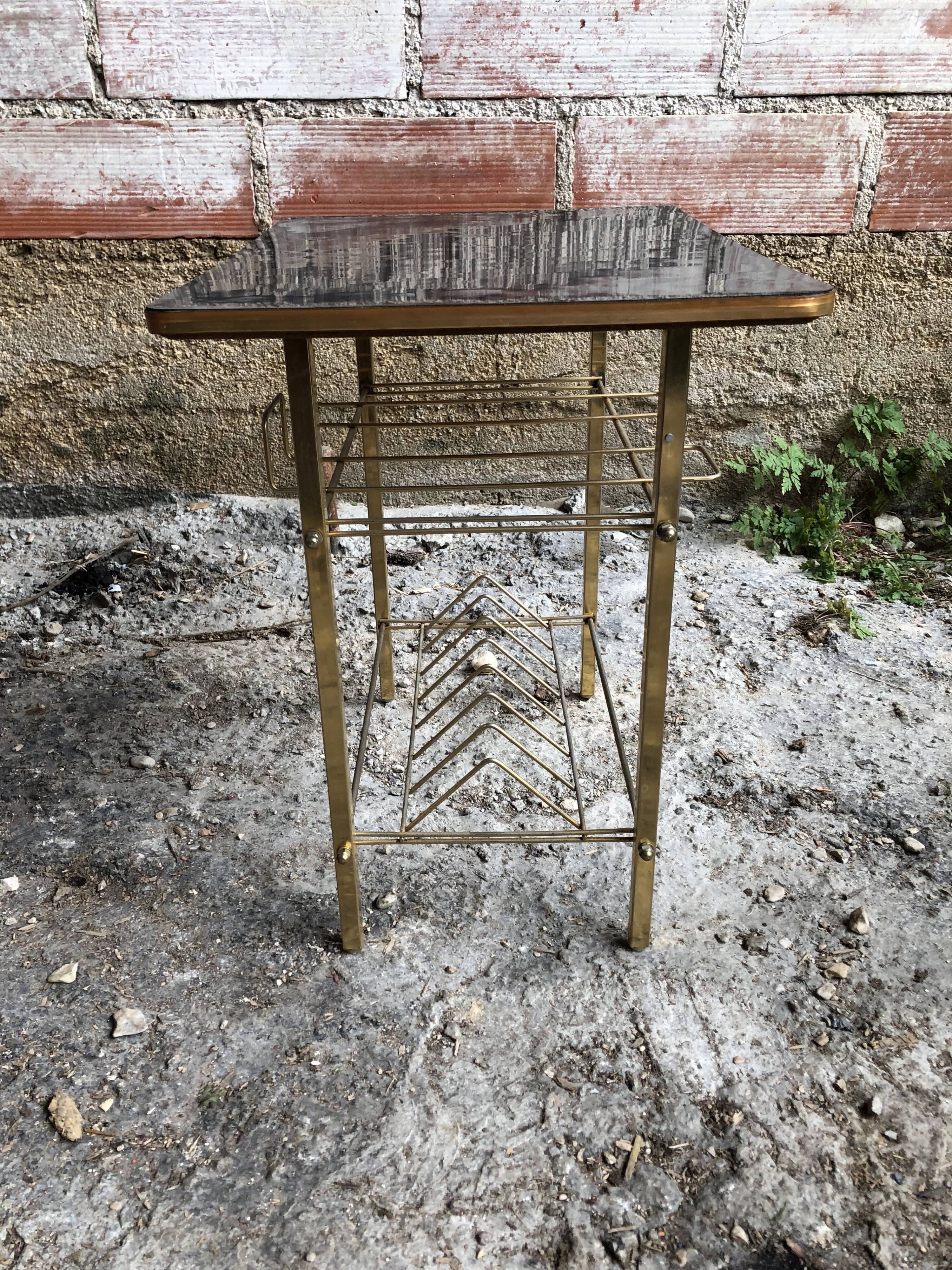 Old Furniture Table Hifi Door Vinyls Golden Metal + Formica Vintage Tray