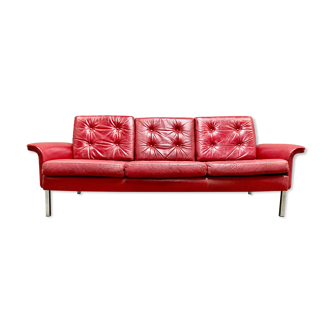 Red leather sofa 3 places design 1950.